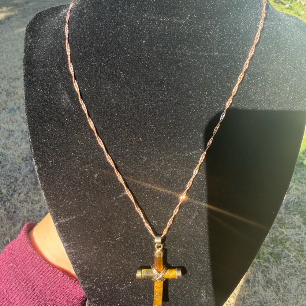Tiger Eye Gold Cross Pendant Necklace